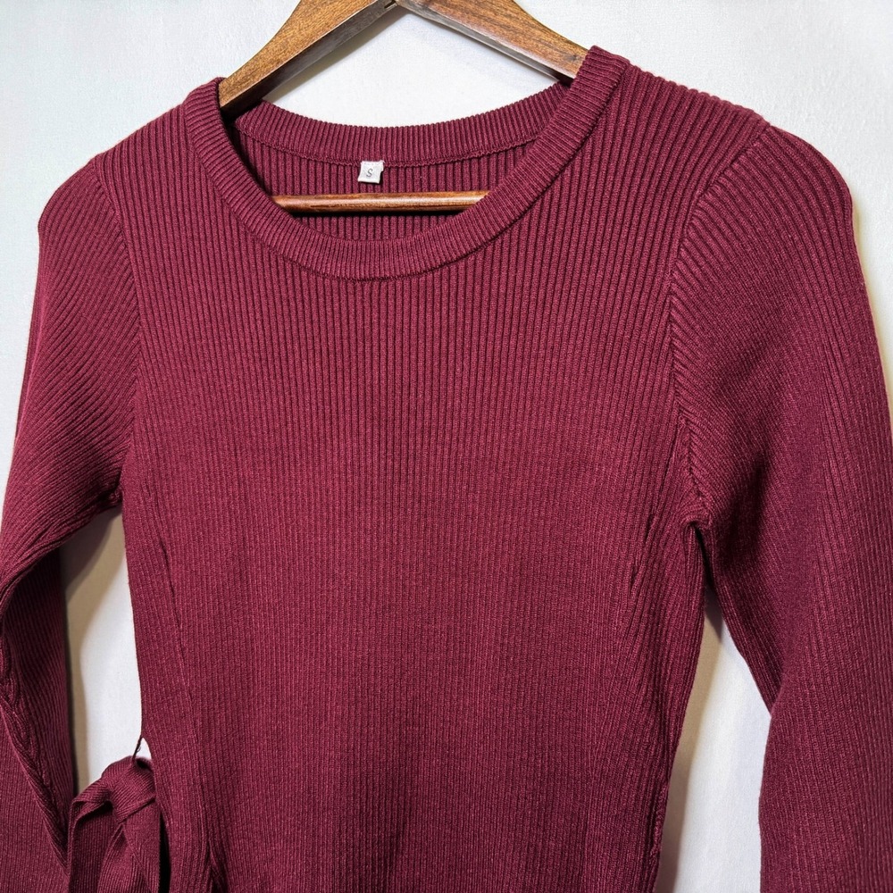 Burgundy Ribbed Long Sleeve Fit and Flare Tie Waist Knit Dress TL00103 Small